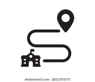 This flat icon depicts a winding route connecting a house to a location pin, presented in a bold black silhouette against a clean white background.