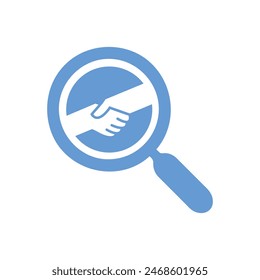 This is a flat icon of a magnifying glass with an image of handshaking in the middle in soft blue color