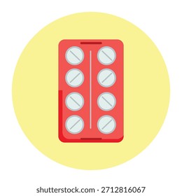 Esta ilustração plana e icônica apresenta um blister vermelho brilhante contendo oito comprimidos redondos cinza claro. Simboliza medicina essencial, dosagem diária, cuidados de saúde, tratamento e bem-estar, situado contra um fundo amarelo alegre, ideal para uso digital.