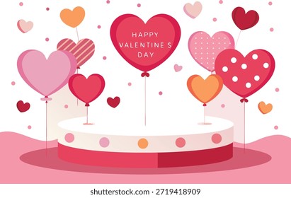 Esta ilustración plana captura una alegre escena del Día de San Valentín, centrada alrededor de una plataforma circular blanca y roja adornada con Pequeños puntos coloridos. Numerosos globos en forma de corazón en tonos de rosa, rojo y naranja son destacados. Algunos globos flotan libremente en el aire, mientras que otros se fijan a los palos que sobresalen de la plataforma. El Grande globo central del corazón muestra claramente el texto "FELIZ DÍA DE SAN VALENTÍN". El fondo es de un rosa suave, salpicado de Pequeños corazones y círculos, creando un ambiente festivo y romántico perfecto para celebrar el amor y el afecto.