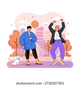 This flat illustration depicts two cheerful people, one dancing joyfully and another walking a cute dog, in a vibrant city park setting. The artwork captures a lighthearted and energetic moment.