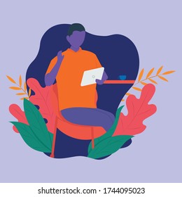 Esta es una ilustración plana de un hombre que está en una videollamada con su familia.