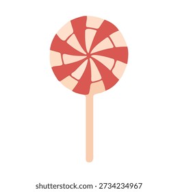 Esta ilustración plana cuenta con un clásico remolino de piruleta en colores rojo vibrante y crema suave. El caramelo se representa con un patrón de espiral tradicional y un simple palo de madera. Perfecto para diseños con temas alimentarios, decoraciones de fiesta o materiales de marketing de dulces.