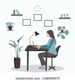 This is a flat illustration of female working at home
