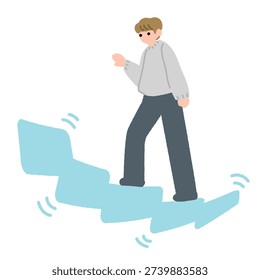 This flat illustration of a gender-neutral person climbing a precarious staircase conveys the image of precarious situations, uncertain progress, risky progress and difficult challenges.