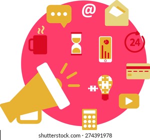 This is flat illustration of Information Technology marketing topic. It include mug, message,hourglass,phone,chart,mouthpiece,calculator,video logo,idea lamp,card,around the clock icon,mail,envelope