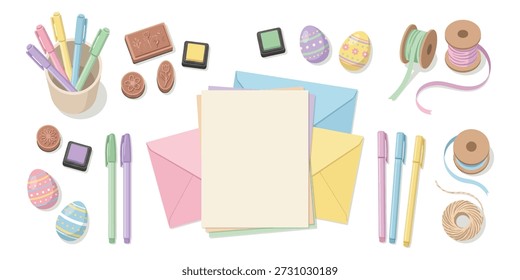 Esta ilustración plana presenta un espacio de trabajo de artesanía de Pascua cuidadosamente organizado con sobres pastel, hojas de papel en blanco, huevos decorativos, cintas, sellos, almohadillas de tinta, cordeles y bolígrafos de colores.