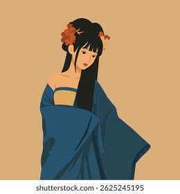 This flat illustration represents Chinese tradition. It shows Chinese girl in her traditional dress. 