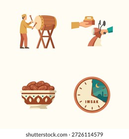 Este conjunto plano de ilustraciones representa varias tradiciones de Ramadán, incluyendo un tambor beduino, entrega de comida iftar, un tazón de dátiles y un reloj de tiempo de oración Imsak