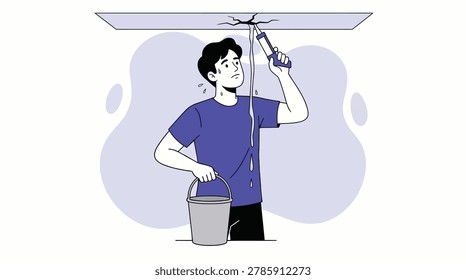 This flat illustration shows a man fixing a ceiling leak with a sealant gun and a bucket. Perfect for home maintenance, repair, and DIY content usage.