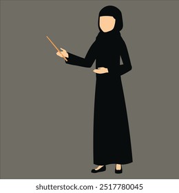 This is a flat illustration of a woman in an abaya and hijab, pointing with a stick. This image is a simple, minimal illustration of a woman in a traditional Islamic dress.