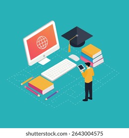This flat isometric vector illustration represents modern online education and e-learning. The composition features a young male student standing with a digital tablet, surrounded by essential study t