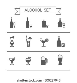 This is flat liner design icons of alcohol topic. It include wine bottle, flask, champagne, cocktail, aperitif, glasses, short, beer. Useful for bar menu, web, print and at you will