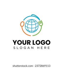 this is a flat logo of cutlery such as fork knife and spoon encircling a globe and can be used as logo for culinary related purposes