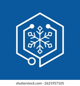 this is a flat logo design of an abstract ice crystal with a stethoscope and a cube