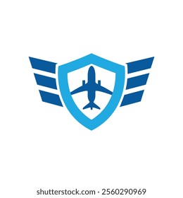 This is a flat logo design of an airplane logo inside a shield shape with a pair of wings on it all in blue color combination