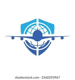 This is a flat logo design of an airplane logo inside a shield shape with a globe shape on the center in blue color combination