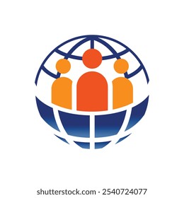 This is a flat logo design of a blue globe with three abstract people in orange on the middle that symbolizes teamwork that looks clean on a white background