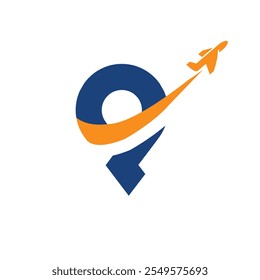 This is a flat logo design of a blue drop pin icon in a letter P shape with a yellow line with plane flying across it for travel companies