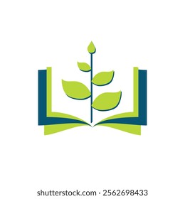 This is a flat logo design of a book in green and blue with a small plant in the center