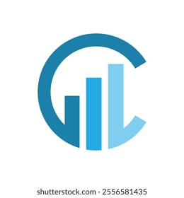 This is a flat logo design of a capital C with three graph bars on it in blue color combination that looks clean on a white background