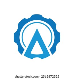 This is a flat logo design of a gear in combination with a triangle letter A in blues