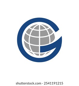 Este é um design de logotipo plano de um globo na cor cinza na forma de letra G em maiúsculas em azul