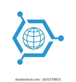 this is a flat logo design of a globe inside a hexagon tech shape frame 