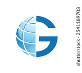 This is a flat logo design of a half globe in blue color combined with a uppercase letter G in blue 