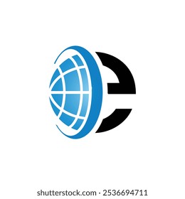 This is a flat logo design of a half globe in blue color combined with a blue letter e shape in lowercase 