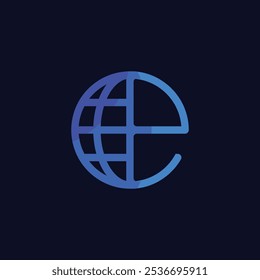 This is a flat logo design of a half globe in blue color combined with a blue letter e shape in lowercase on a dark background