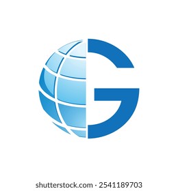 Este es un diseño de logotipo plano de medio globo en color azul combinado con una letra G mayúscula en azul 