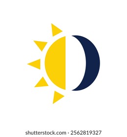 This is a flat logo design of a half sun in bright yellow and a crescent moon in dark blue symbolizing day and night