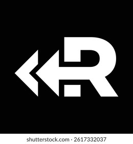 this is a flat logo design of initial R with two arrow heads facing left for rewind logo in white color on a black background