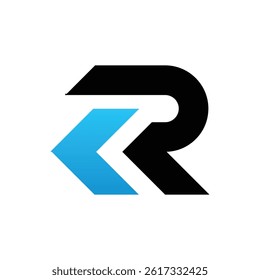 this is a flat logo design of initial R with a blue arrow head facing left for rewind logo in white color on a white background