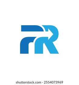 This is a flat logo design of initials letter PR with an arrow across them in blue color on a white background

