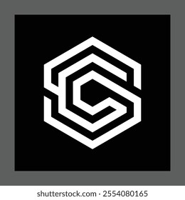 This is a flat logo design of initials letter SC in hexagonal line style on a dark background