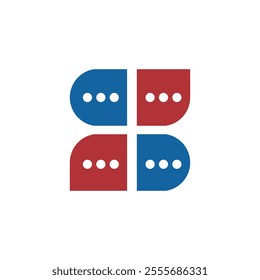 This is a flat logo design of a letter S in blue and red color in four segments that shapes like a speech bubble with four three white dots on it

