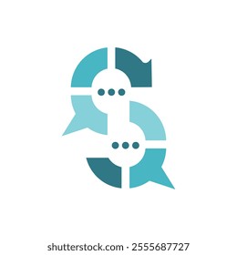 This is a flat logo design of a letter S in blue and aqua color in two speech bubble shapes with encircling arrows and three dots

