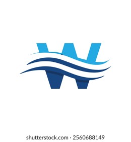 This is a flat logo design of a letter W crossed by three wavy lines in blue color