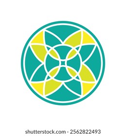 This is a flat logo design of a mosaic in round shape that describes geometric abstract flowers in green and yellow