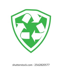 This is a flat logo design of a recycle arrow icon inside a shield in green and white color