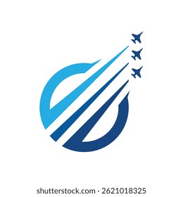 this is a flat logo design of a round shape in blue color with three airplanes flying make a flying formation 