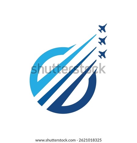 this is a flat logo design of a round shape in blue color with three airplanes flying make a flying formation 