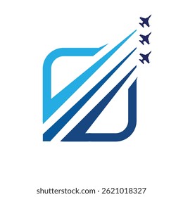 this is a flat logo design of a square shape in blue color with three airplanes flying make a flying formation 