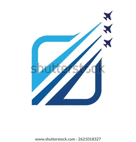this is a flat logo design of a square shape in blue color with three airplanes flying make a flying formation 
