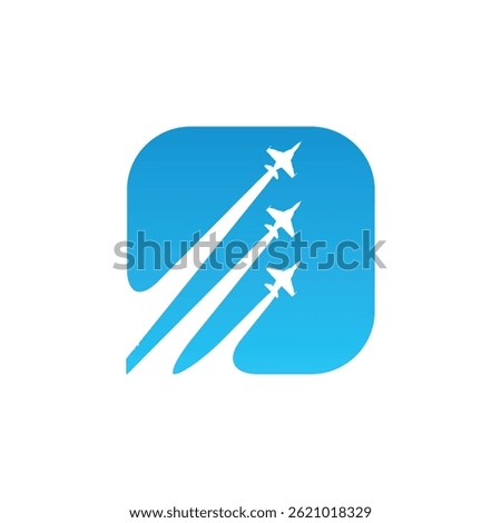 this is a flat logo design of a square in blue color with three airplanes flying make a flying formation 