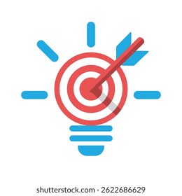este é um design de logotipo plano que representa uma lâmpada com um sinal de marca de destino com uma seta bullseye nas cores vermelho e azul