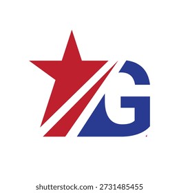 this is a flat logo design that depicts an initial G in combination with a star shape and a single line in dark red and blue color that looks clean on a white background 	