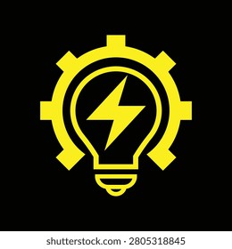 This is a flat logo design that depicts a lightbulb with a gear and a lightning symbol that looks clean in bright yellow color on a black background